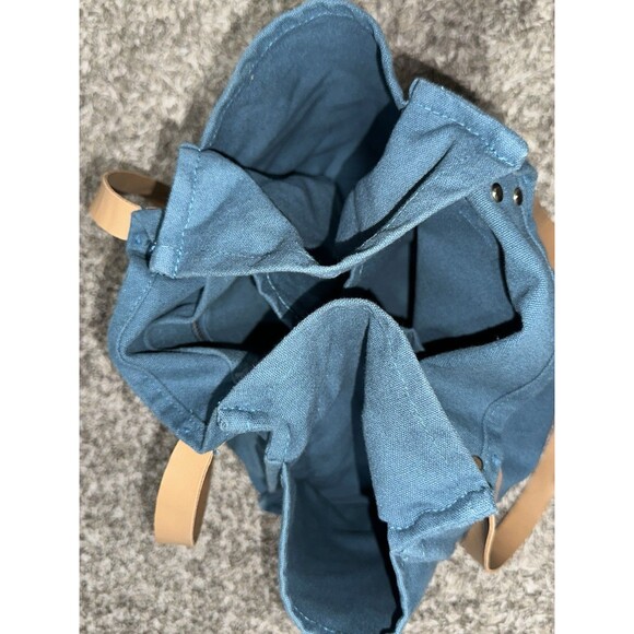 FEED Projects Tote Bag Reusable Teal Canvas Market Pockets Faux Leather Straps - Picture 9 of 11